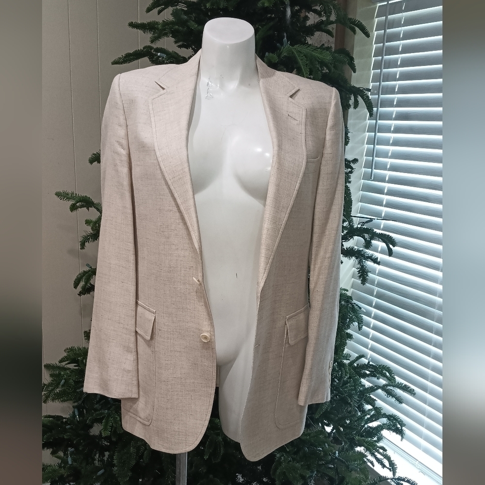 VINTAGE Beige Tweed SPORT COAT Beige Blazer Suit Timeless Designer Jacket Sz 40L - Picture 4 of 14